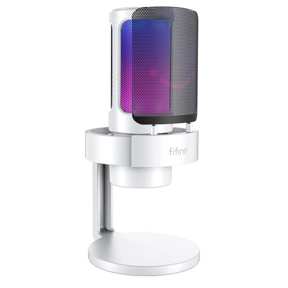 Micrófono USB FIFINE para grabar y transmitir en PC y Mac, salida de auriculares y botón de silencio táctil, micrófono con 3 modos RGB -A8