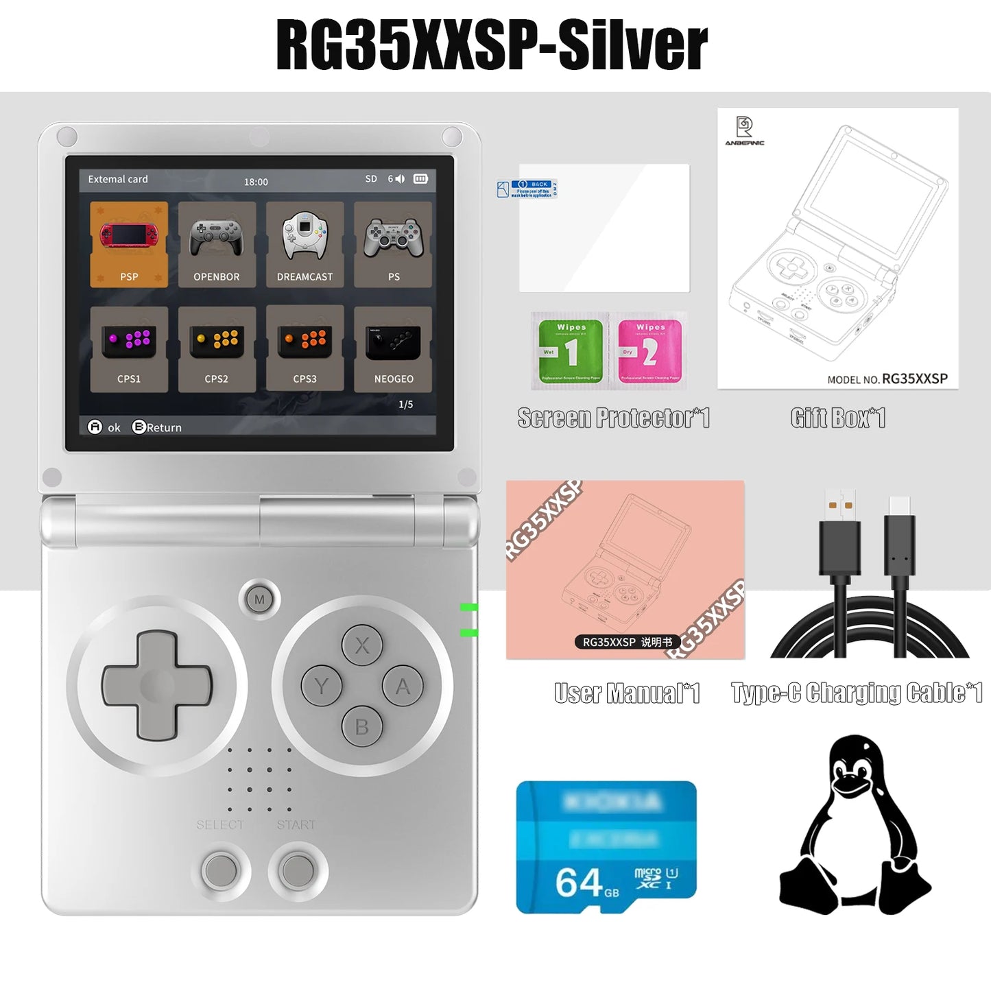 ANBERNIC nueva consola de juegos portátil RG35XXSP con tapa consola de videojuegos IPS de 3,5 pulgadas sistema Linux de 64 bits 64G reproducción en línea