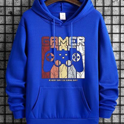 [Retro Gamer Hoodie] Cozy Brown Men's Retro Gamer Hoodie - Long Sleeve Sweatshirt with Drawstring Hood, Video Game Print, Fall/Winter Casual Wear