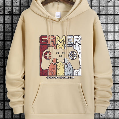 [Retro Gamer Hoodie] Cozy Brown Men's Retro Gamer Hoodie - Long Sleeve Sweatshirt with Drawstring Hood, Video Game Print, Fall/Winter Casual Wear