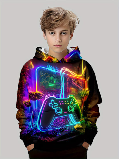 Vibrant Gamer Hoodie - Boys Long Sleeve Sweatshirt with Graphic Print, Soft Stretchy Polyester, Machine Washable, Pullover Design with Pocket for Daily Casual Wear and Outdoor Activities