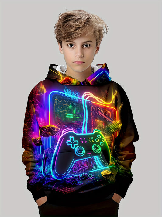 Vibrant Gamer Hoodie - Boys Long Sleeve Sweatshirt with Graphic Print, Soft Stretchy Polyester, Machine Washable, Pullover Design with Pocket for Daily Casual Wear and Outdoor Activities