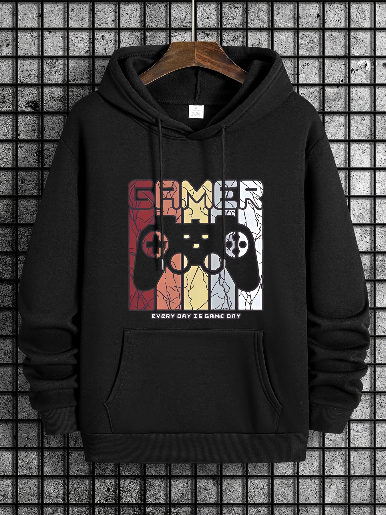[Retro Gamer Hoodie] Cozy Brown Men's Retro Gamer Hoodie - Long Sleeve Sweatshirt with Drawstring Hood, Video Game Print, Fall/Winter Casual Wear