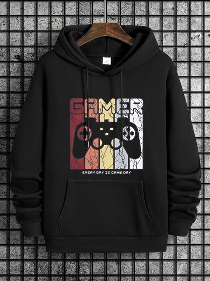 [Retro Gamer Hoodie] Cozy Brown Men's Retro Gamer Hoodie - Long Sleeve Sweatshirt with Drawstring Hood, Video Game Print, Fall/Winter Casual Wear