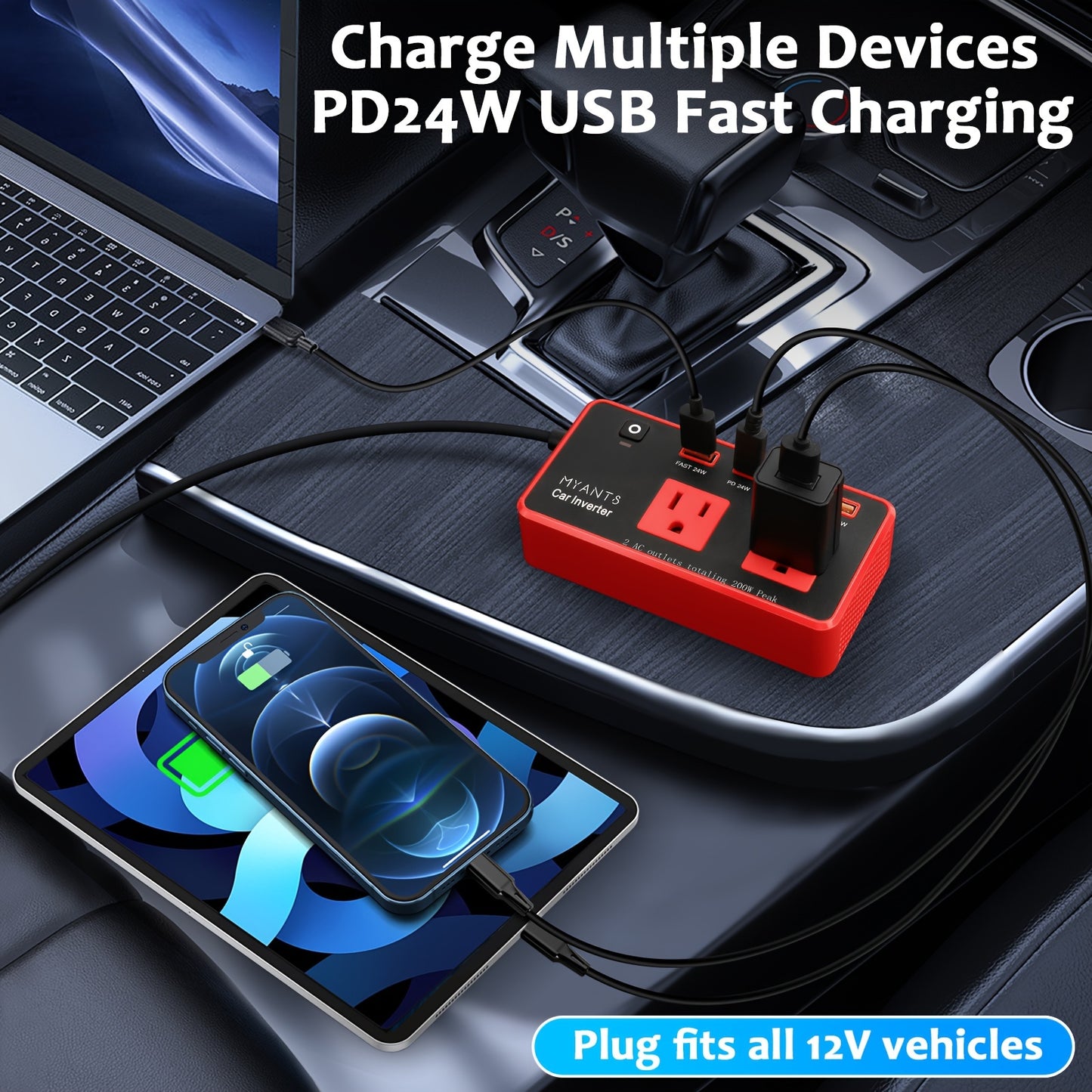 200W Car Power Inverter with 4 USB Ports, Fast Charger 12V DC to AC Converter, Type-C & QC 3.0 for Road Trips and Camping, No Battery Required, Red & Black Design, Car Charger Adapter