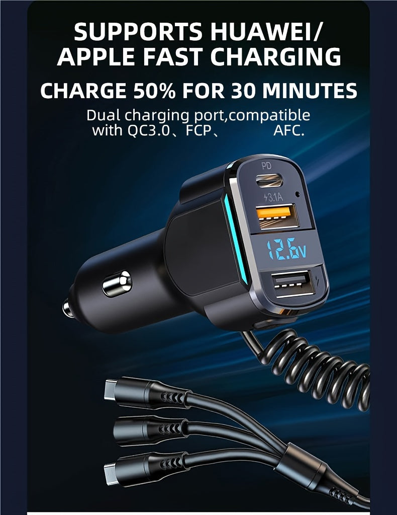 65W 3-port USB PD Fast Car Charger (K4) QC3.1 Type C 3-in-1 Car Charger 2 USB Charging Ports + 1 Type C Fast Charging Micro Usb Type C