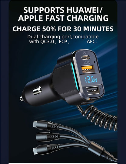 65W 3-port USB PD Fast Car Charger (K4) QC3.1 Type C 3-in-1 Car Charger 2 USB Charging Ports + 1 Type C Fast Charging Micro Usb Type C
