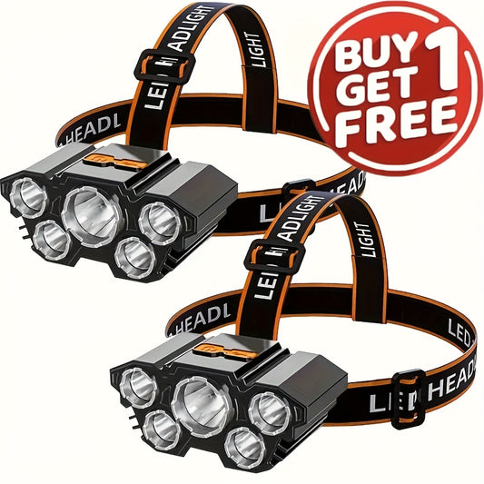 Buy 1 Get 1 Free, Total Of 2pcs Multifunctional 5LED Headlight Head Mounted Flashlight Outdoor USB Charging Fishing Headlight Strong Bald Head Light 4-Mode Headlight Flashlight, Used For Outdoor Running, Hunting, Hiking, Camp