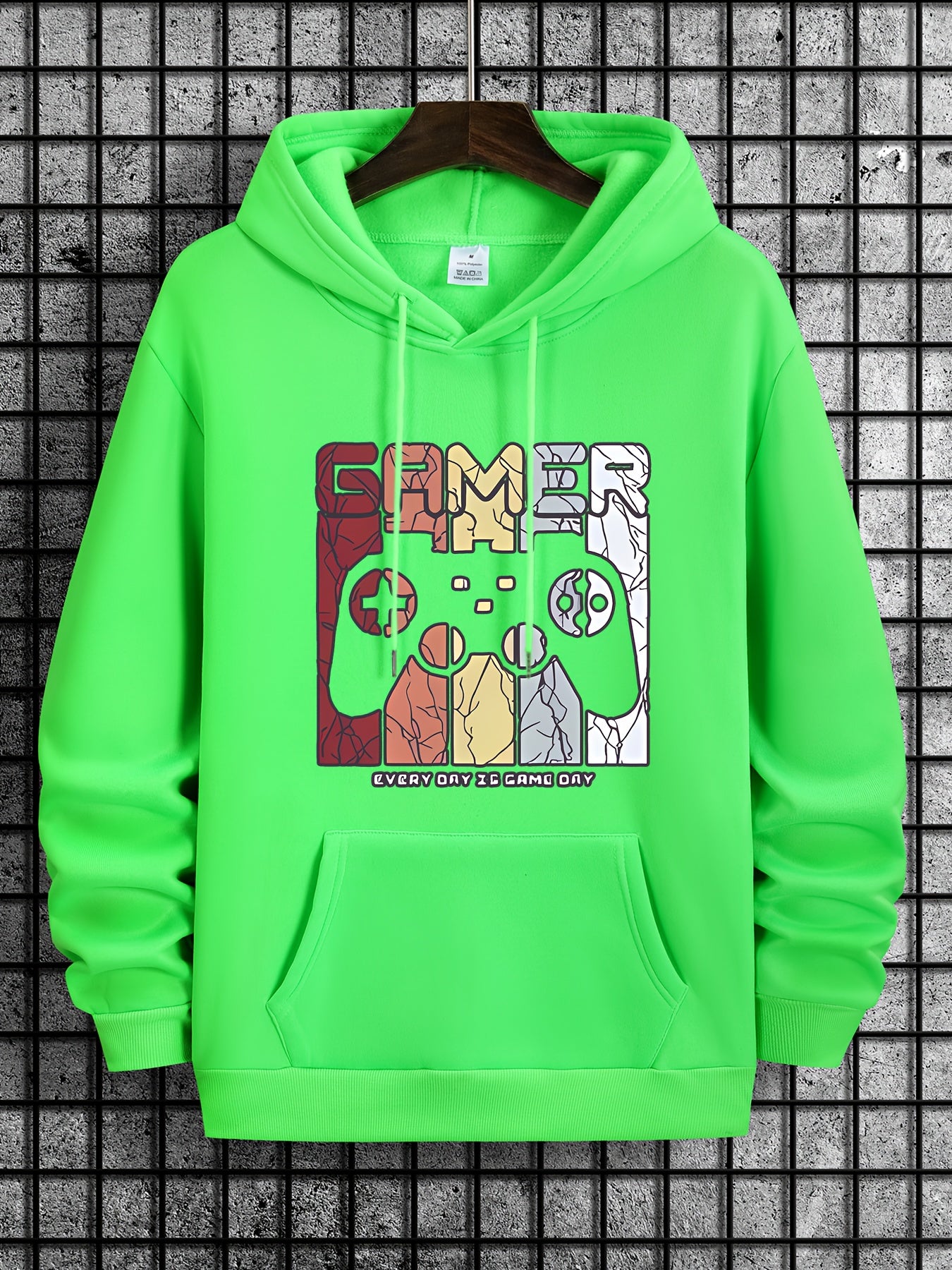 [Retro Gamer Hoodie] Cozy Brown Men's Retro Gamer Hoodie - Long Sleeve Sweatshirt with Drawstring Hood, Video Game Print, Fall/Winter Casual Wear