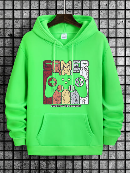 [Retro Gamer Hoodie] Cozy Brown Men's Retro Gamer Hoodie - Long Sleeve Sweatshirt with Drawstring Hood, Video Game Print, Fall/Winter Casual Wear