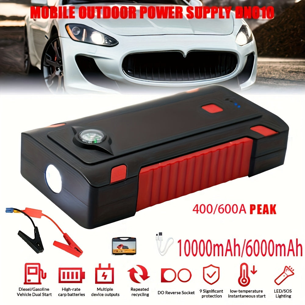 Portable Car Jump Starter - 12V 400A/600A Peak, 6000mAh/10000mAh Power Bank, Emergency Car Charger for 2.0L Gas Vehicles