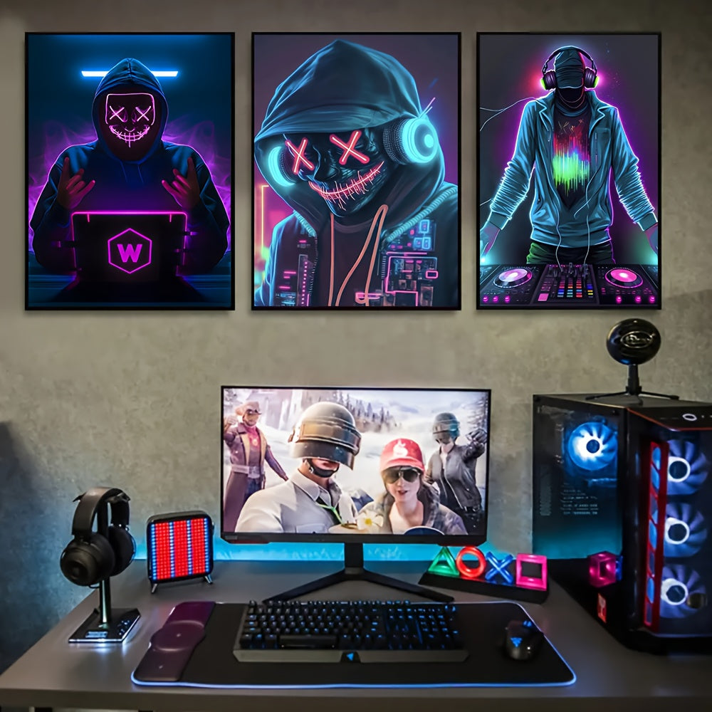 3-Piece Set Art Deco Classic Modern Gamer Wall Art Posters, Unframed Canvas Prints for Gaming Room, Home Office, Bedroom, Indoor and Outdoor Decor, Letter Print & Abstract DJ, High-Quality Ink 15.7x23.6 inches