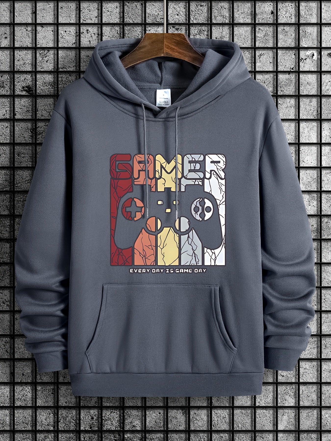 [Retro Gamer Hoodie] Cozy Brown Men's Retro Gamer Hoodie - Long Sleeve Sweatshirt with Drawstring Hood, Video Game Print, Fall/Winter Casual Wear