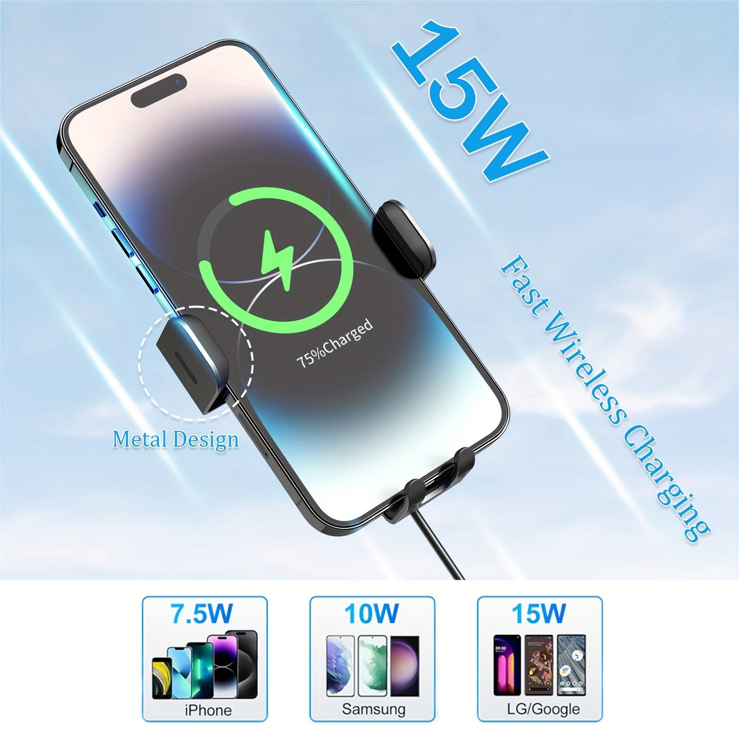 15W Rapid Wireless Car Charger, Automatic Clamping, Adjustable Phone Holder for Hands-Free Driving - Universal Compatibility with iPhone 15, 14, 13, 12, 11 Pro Max, Xs, Galaxy S24 Ultra, S23, S22, S21, S20, S10+