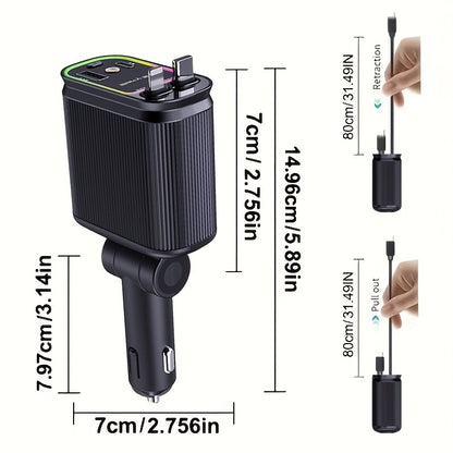 [Dual 80cm Long Retractable Car Charger] Starry Sky Top Fast Car Charger(Black) - Purple Light, 4-in-1 Retractable Charger, Dual 80cm/31 Inch Long Retractable Cable Car Charger, Car Plug Adapter with RGB Light Effect, 2 USB P