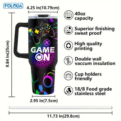 Foloda 40oz Stainless Steel Gaming Tumbler - Perfect Gamer Gift for Men & Boys, Includes Handle, Lid & Straw - Ideal for Outdoor Camping, Travel, Birthday & Christmas