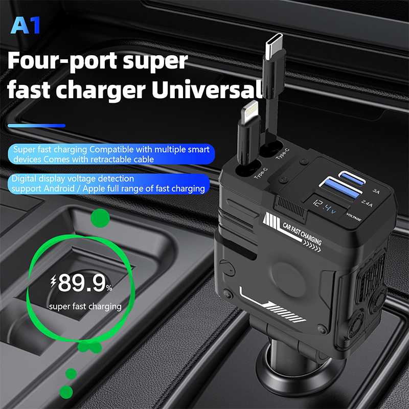 Retractable 4in 1 Fast Charging Car Charging Cable with 2pcs 3in 1 100W LED Digital Display USB cable, 4 Ports Car Charger Adapter for iPhone 15/14/13/12/11 for Galaxy Pixel and All iOS and for Android Devices - Safe and Reli