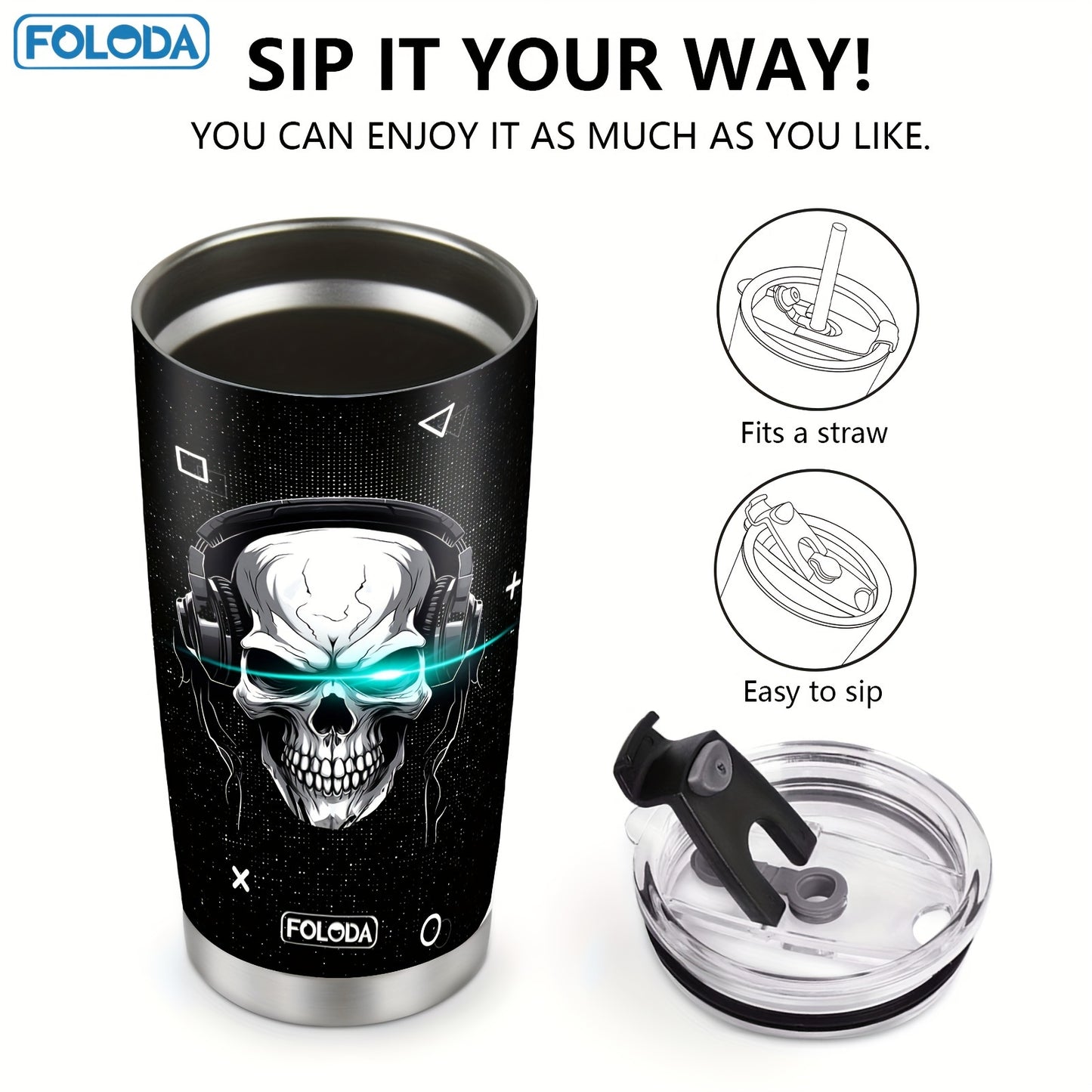 Foloda 1pc Skull Gamepad Gamer Gifts, Gaming Gifts, Gamer Gift Ideas, Christmas Birthday Gifts for Gamers, Cool Gamer Gifts for Men Teen Boys Girls Boyfriend, Game Cups, Gifts for Game Lovers Stainless Steel Tumbler with Lid