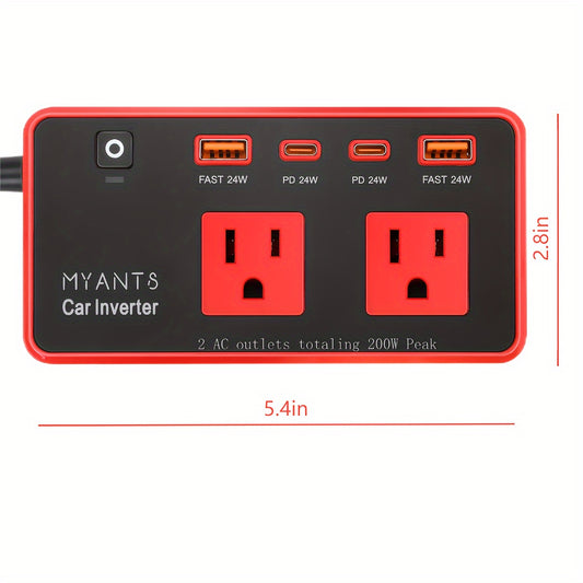 200W Car Power Inverter with 4 USB Ports, Fast Charger 12V DC to AC Converter, Type-C & QC 3.0 for Road Trips and Camping, No Battery Required, Red & Black Design, Car Charger Adapter
