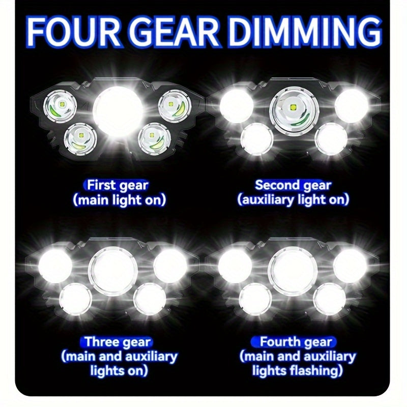 Buy 1 Get 1 Free, Total Of 2pcs Multifunctional 5LED Headlight Head Mounted Flashlight Outdoor USB Charging Fishing Headlight Strong Bald Head Light 4-Mode Headlight Flashlight, Used For Outdoor Running, Hunting, Hiking, Camp
