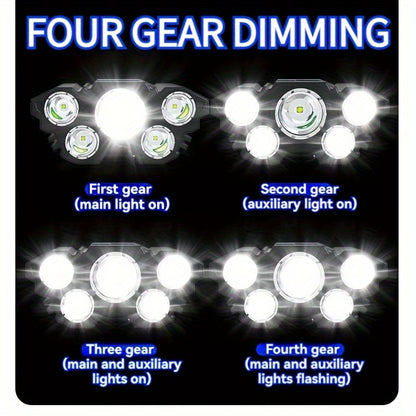 Buy 1 Get 1 Free, Total Of 2pcs Multifunctional 5LED Headlight Head Mounted Flashlight Outdoor USB Charging Fishing Headlight Strong Bald Head Light 4-Mode Headlight Flashlight, Used For Outdoor Running, Hunting, Hiking, Camp
