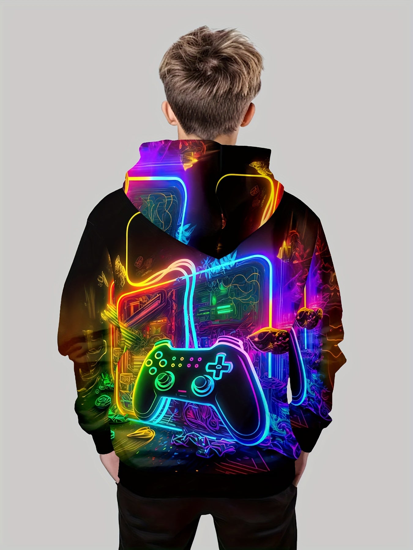Vibrant Gamer Hoodie - Boys Long Sleeve Sweatshirt with Graphic Print, Soft Stretchy Polyester, Machine Washable, Pullover Design with Pocket for Daily Casual Wear and Outdoor Activities