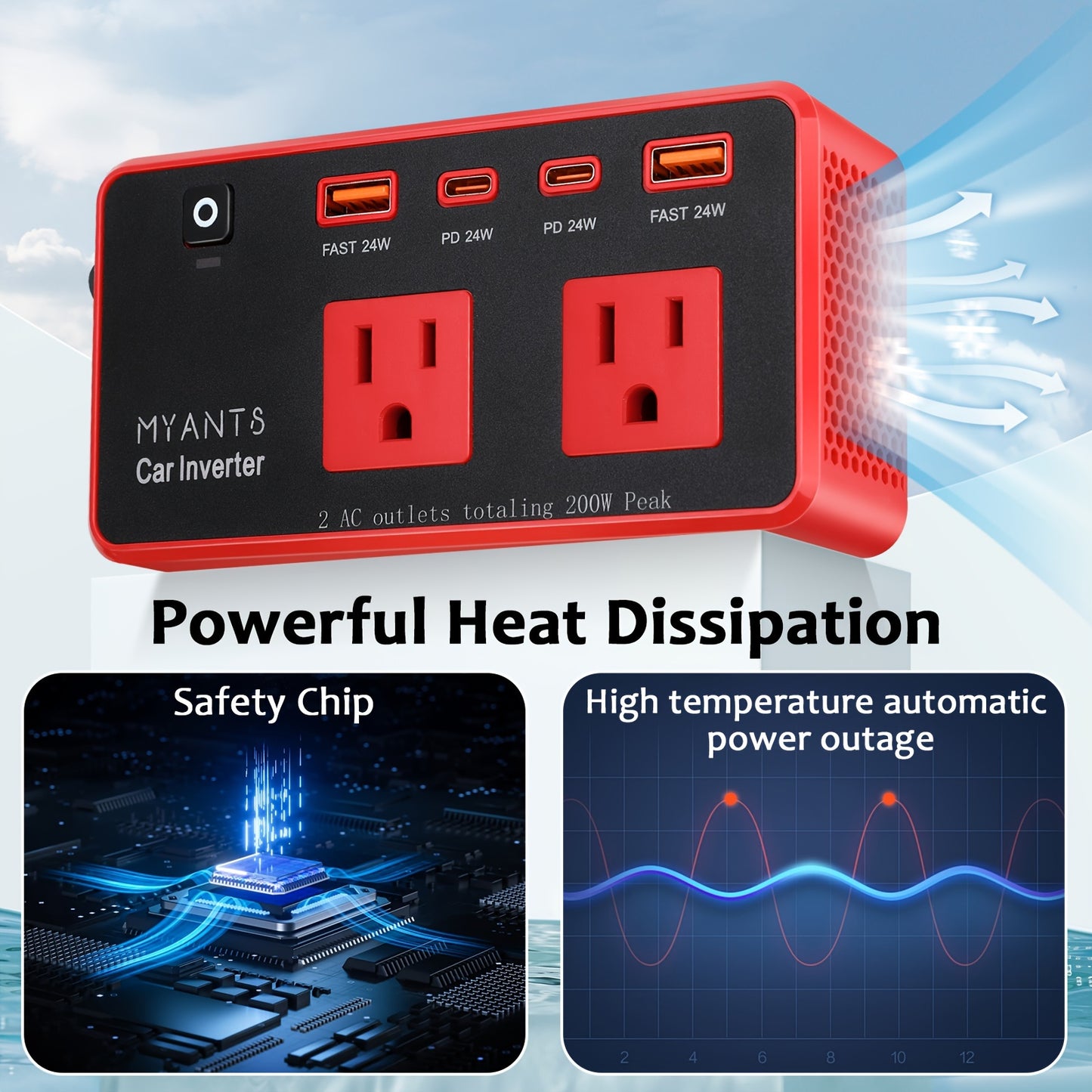 200W Car Power Inverter with 4 USB Ports, Fast Charger 12V DC to AC Converter, Type-C & QC 3.0 for Road Trips and Camping, No Battery Required, Red & Black Design, Car Charger Adapter